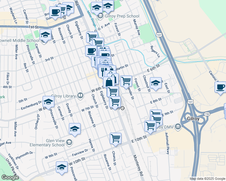 map of restaurants, bars, coffee shops, grocery stores, and more near 7350 Monterey Road in Gilroy