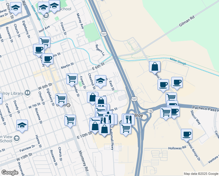 map of restaurants, bars, coffee shops, grocery stores, and more near 585 Old Gilroy Street in Gilroy