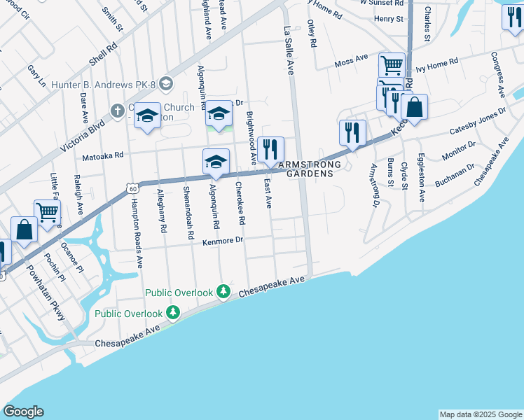 map of restaurants, bars, coffee shops, grocery stores, and more near 157 East Avenue in Hampton