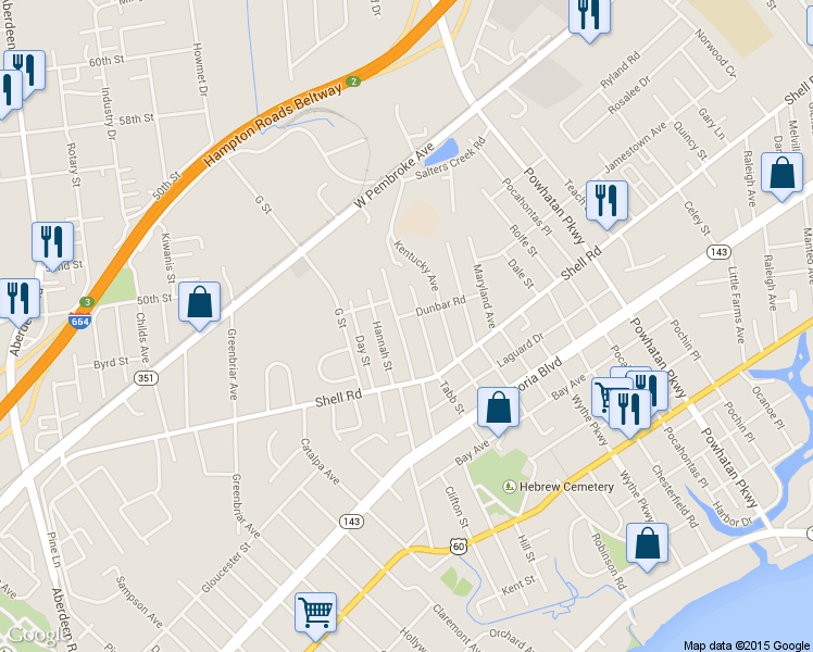 map of restaurants, bars, coffee shops, grocery stores, and more near 623 Delaware Avenue in Hampton