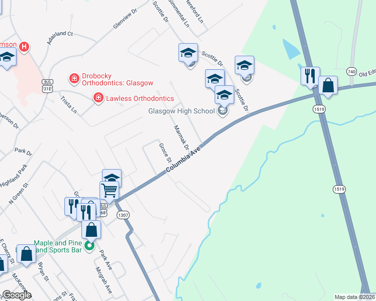 map of restaurants, bars, coffee shops, grocery stores, and more near 19-199 Marmak Drive in Glasgow