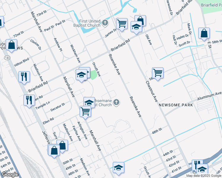 map of restaurants, bars, coffee shops, grocery stores, and more near 1002 East Russell Court in Newport News