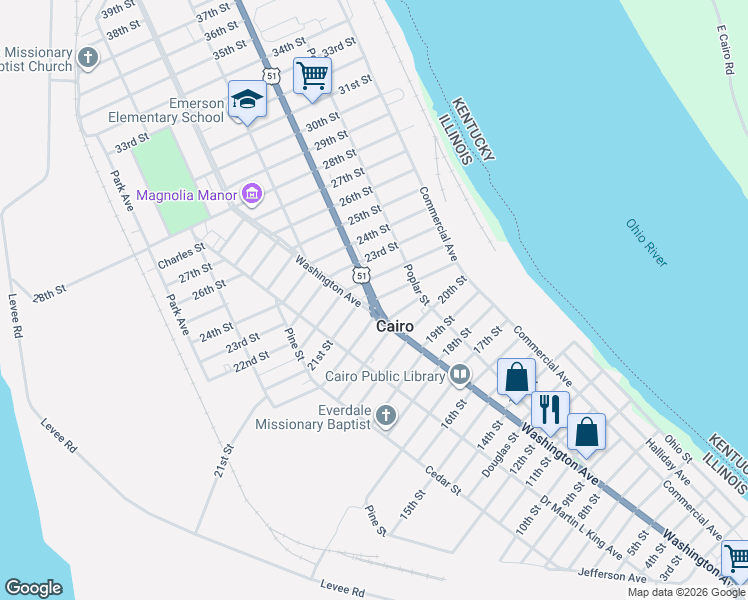 map of restaurants, bars, coffee shops, grocery stores, and more near 315 21st St in Cairo