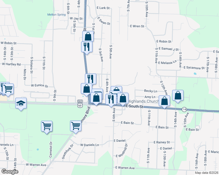 map of restaurants, bars, coffee shops, grocery stores, and more near 1502 South 5th Avenue in Ozark