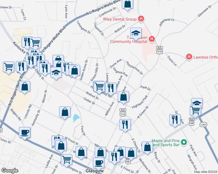 map of restaurants, bars, coffee shops, grocery stores, and more near 101-199 Lexington Dr in Glasgow