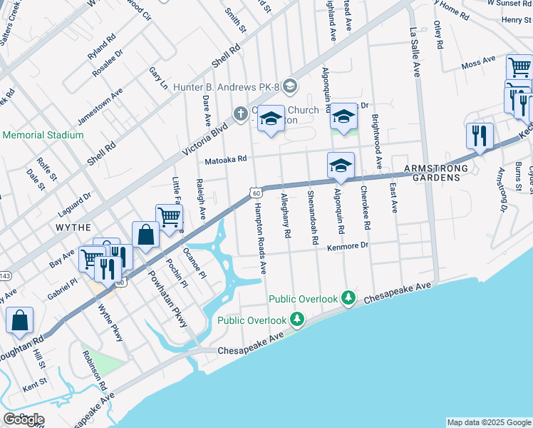 map of restaurants, bars, coffee shops, grocery stores, and more near 136 Hampton Roads Avenue in Hampton