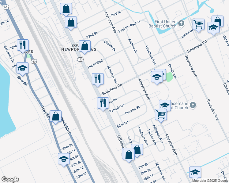 map of restaurants, bars, coffee shops, grocery stores, and more near 620 Briarfield Road in Newport News