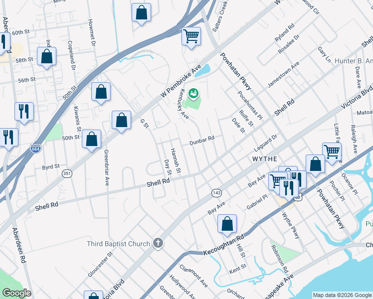 map of restaurants, bars, coffee shops, grocery stores, and more near 623 Delaware Avenue in Hampton