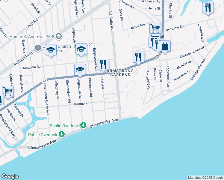map of restaurants, bars, coffee shops, grocery stores, and more near 3611 Hollyberry Street in Hampton