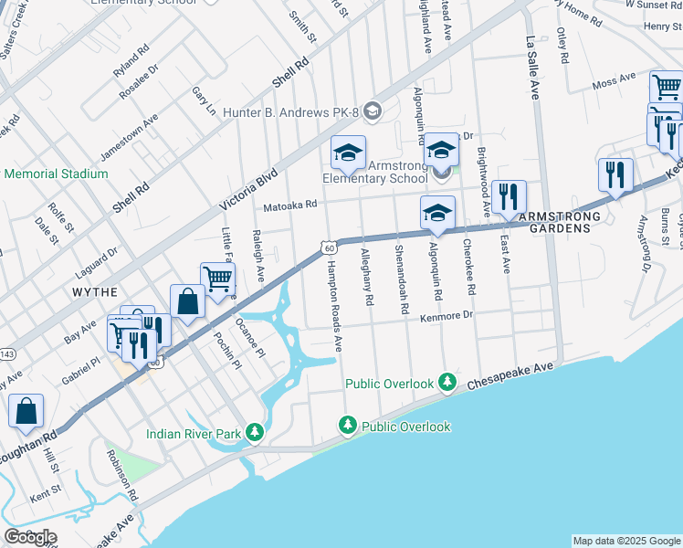 map of restaurants, bars, coffee shops, grocery stores, and more near 136 Hampton Roads Avenue in Hampton