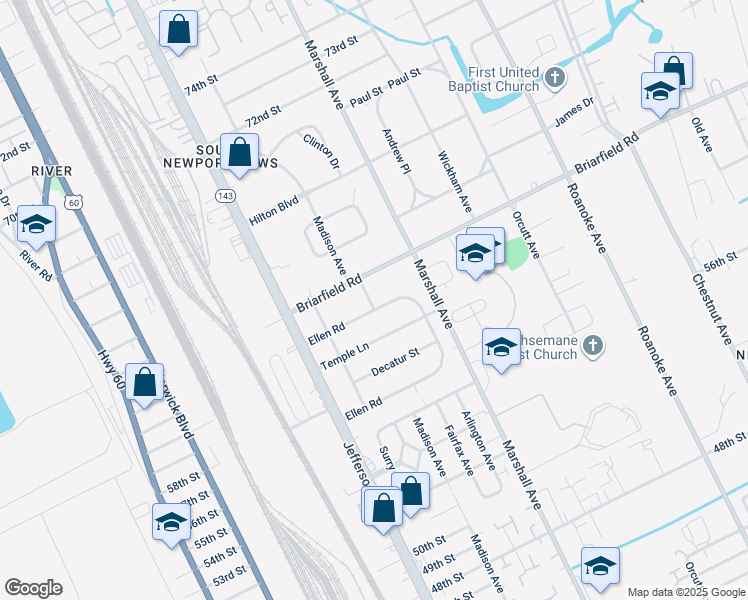 map of restaurants, bars, coffee shops, grocery stores, and more near 623 Ellen Road in Newport News