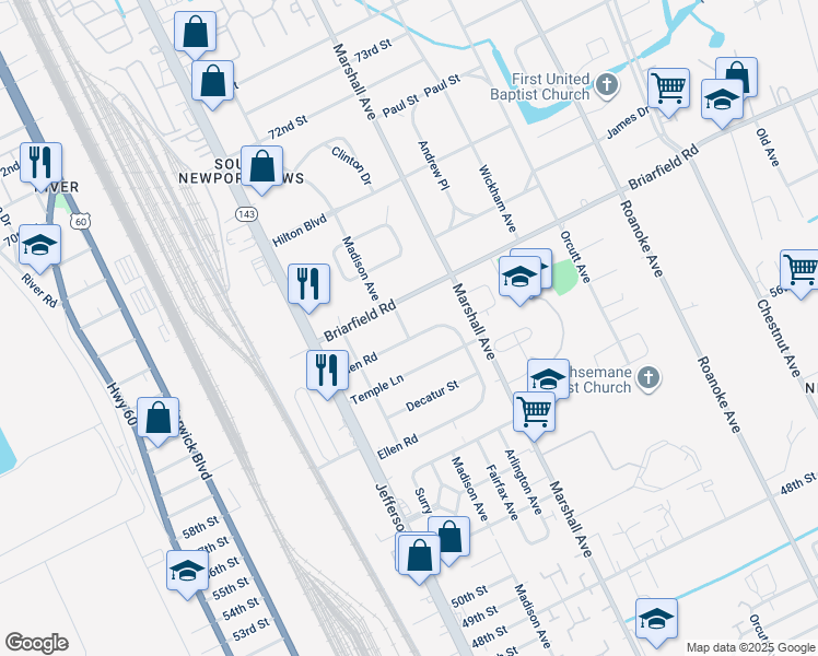 map of restaurants, bars, coffee shops, grocery stores, and more near 623 Ellen Road in Newport News
