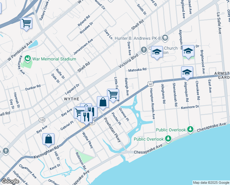 map of restaurants, bars, coffee shops, grocery stores, and more near 239 Little Farms Avenue in Hampton