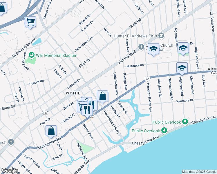 map of restaurants, bars, coffee shops, grocery stores, and more near 2706 Verell Street in Hampton