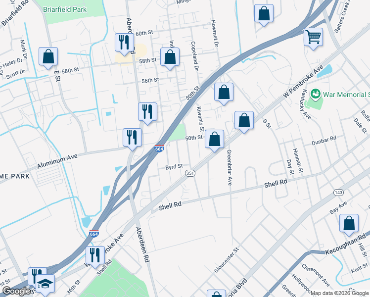 map of restaurants, bars, coffee shops, grocery stores, and more near 734 Childs Avenue in Hampton