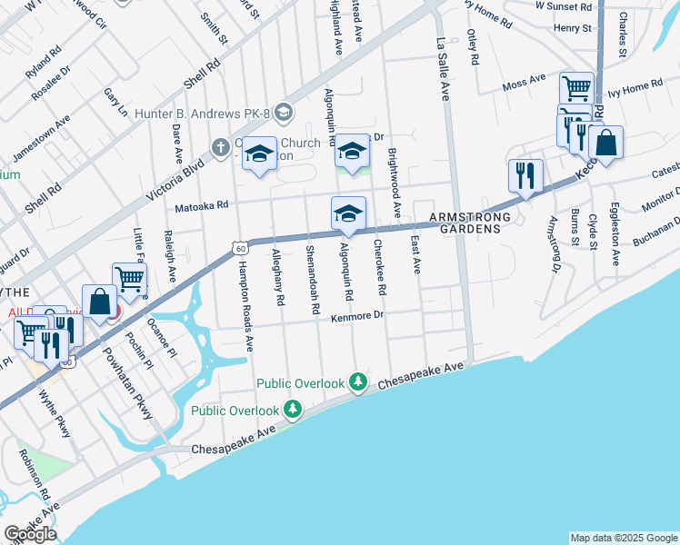 map of restaurants, bars, coffee shops, grocery stores, and more near 147 Algonquin Road in Hampton