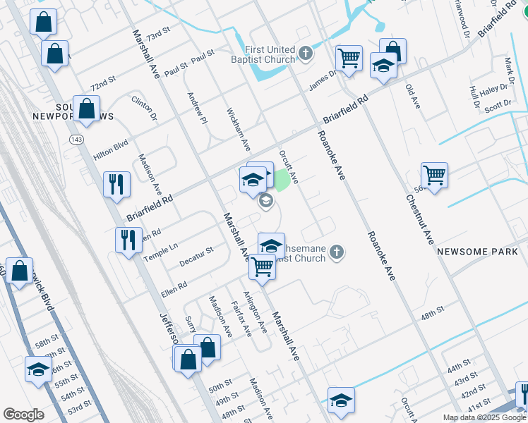 map of restaurants, bars, coffee shops, grocery stores, and more near 5800 Marshall Avenue in Newport News