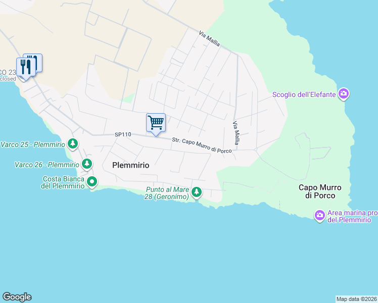 map of restaurants, bars, coffee shops, grocery stores, and more near 35 Via dei Cristalli in Plemmirio