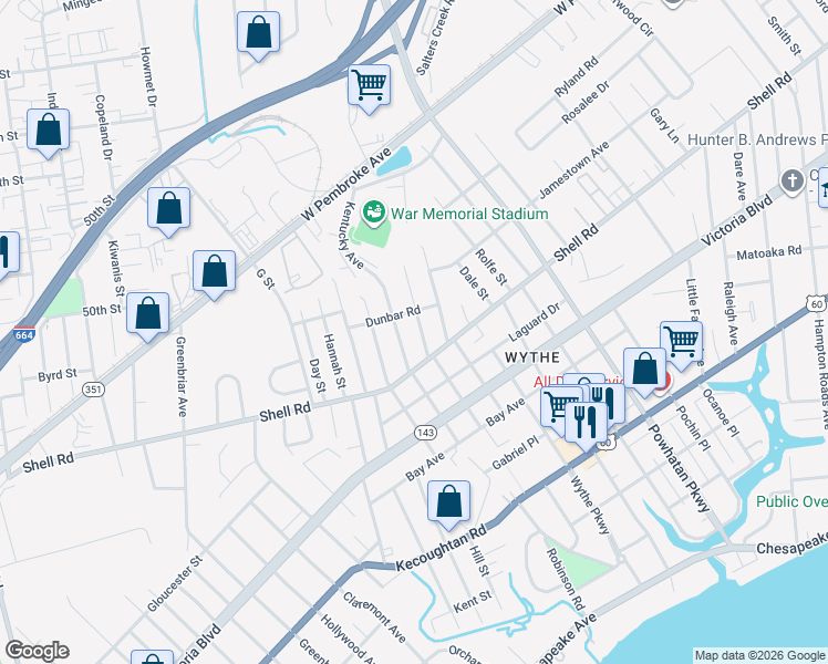 map of restaurants, bars, coffee shops, grocery stores, and more near 616 Kentucky Avenue in Hampton
