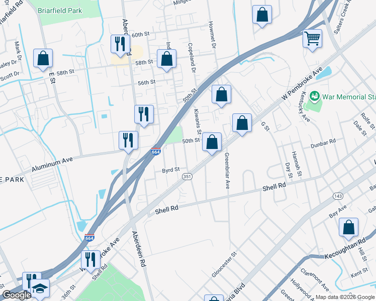 map of restaurants, bars, coffee shops, grocery stores, and more near 734 Childs Avenue in Hampton