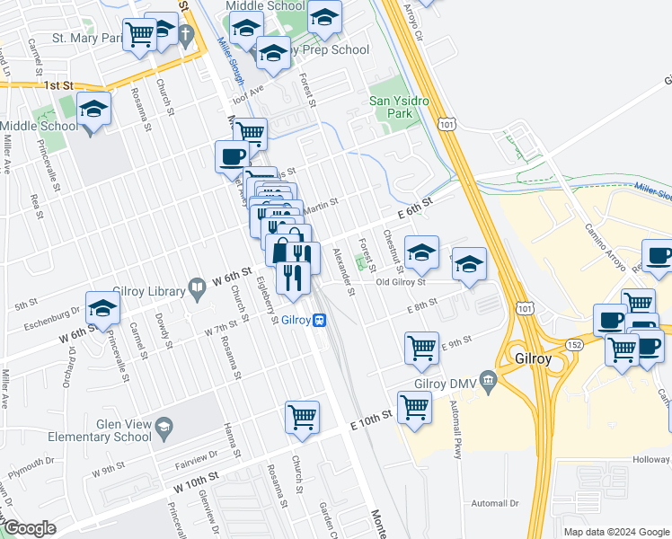 map of restaurants, bars, coffee shops, grocery stores, and more near 7331 Alexander Street in Gilroy