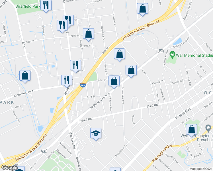 map of restaurants, bars, coffee shops, grocery stores, and more near 726 Spruce Street in Hampton