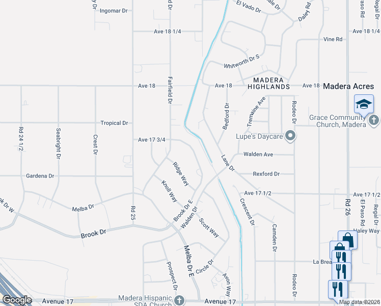 map of restaurants, bars, coffee shops, grocery stores, and more near 17768 Brook Drive East in Madera