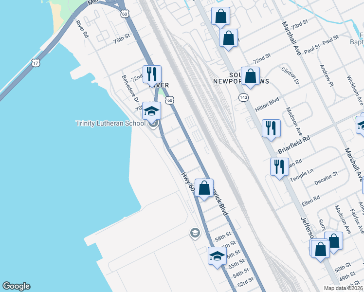 map of restaurants, bars, coffee shops, grocery stores, and more near 314 67th Street in Newport News
