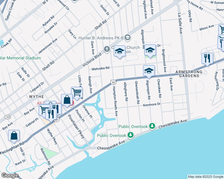 map of restaurants, bars, coffee shops, grocery stores, and more near 139 Hampton Roads Avenue in Hampton