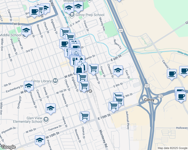 map of restaurants, bars, coffee shops, grocery stores, and more near 7331 Alexander Street in Gilroy