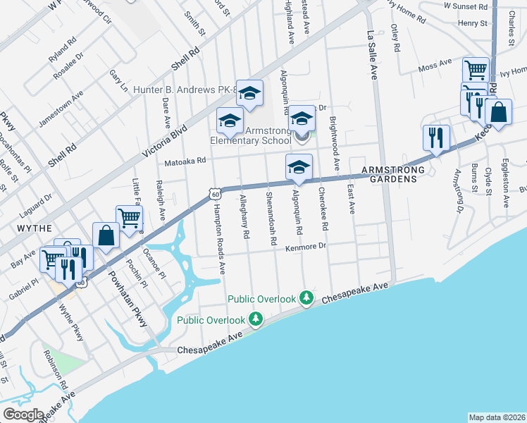 map of restaurants, bars, coffee shops, grocery stores, and more near 156 Shenandoah Road in Hampton