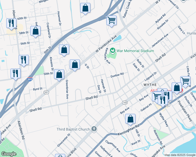 map of restaurants, bars, coffee shops, grocery stores, and more near 632 Day Street in Hampton