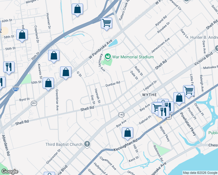 map of restaurants, bars, coffee shops, grocery stores, and more near 623 Delaware Avenue in Hampton