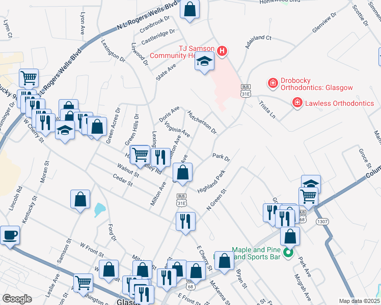 map of restaurants, bars, coffee shops, grocery stores, and more near 220 Garmon Avenue in Glasgow