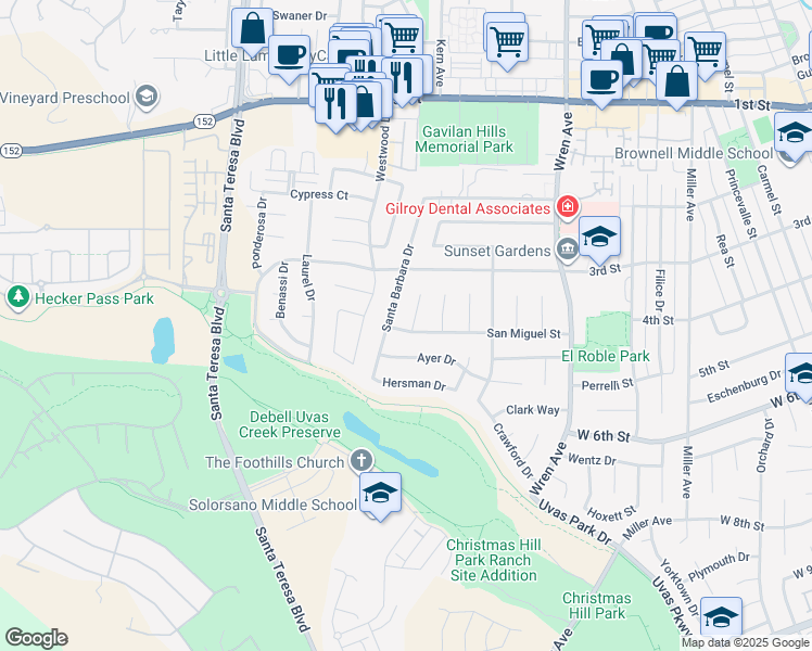 map of restaurants, bars, coffee shops, grocery stores, and more near 7603 Saint Francis Court in Gilroy