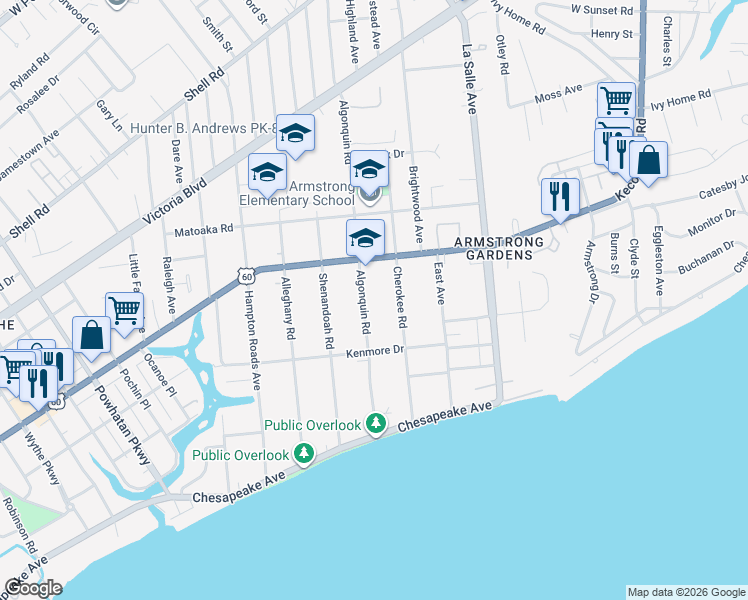 map of restaurants, bars, coffee shops, grocery stores, and more near 147 Algonquin Road in Hampton