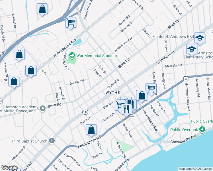 map of restaurants, bars, coffee shops, grocery stores, and more near 509 Chesterfield Road in Hampton