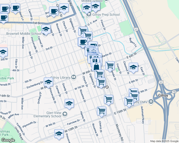 map of restaurants, bars, coffee shops, grocery stores, and more near 98 West 6th Street in Gilroy