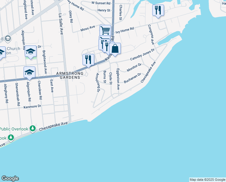 map of restaurants, bars, coffee shops, grocery stores, and more near 104 Clyde Street in Hampton