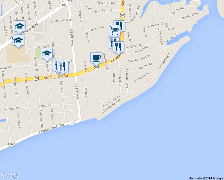 map of restaurants, bars, coffee shops, grocery stores, and more near 121 Barksdale Road in Hampton