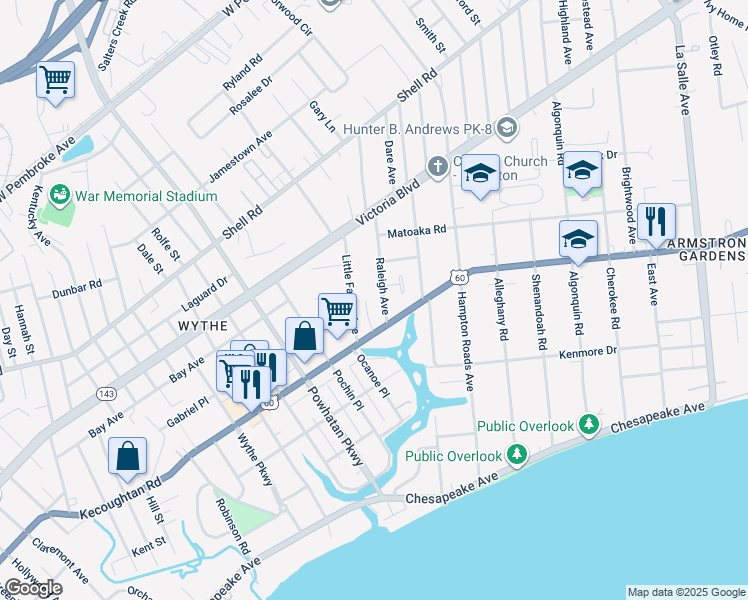 map of restaurants, bars, coffee shops, grocery stores, and more near 225 Raleigh Avenue in Hampton