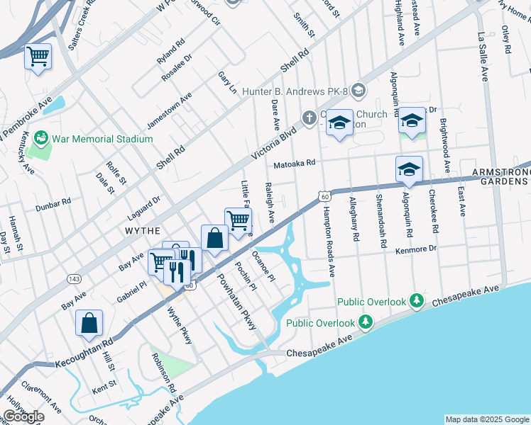 map of restaurants, bars, coffee shops, grocery stores, and more near 225 Raleigh Avenue in Hampton