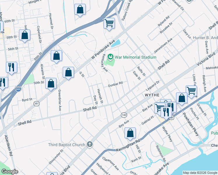 map of restaurants, bars, coffee shops, grocery stores, and more near 623 Delaware Avenue in Hampton