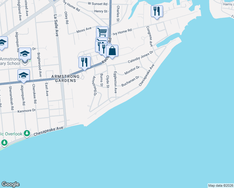 map of restaurants, bars, coffee shops, grocery stores, and more near 4005 Chesapeake Avenue in Hampton