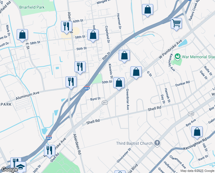 map of restaurants, bars, coffee shops, grocery stores, and more near 729 Spruce Street in Hampton