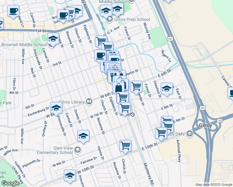 map of restaurants, bars, coffee shops, grocery stores, and more near in Gilroy