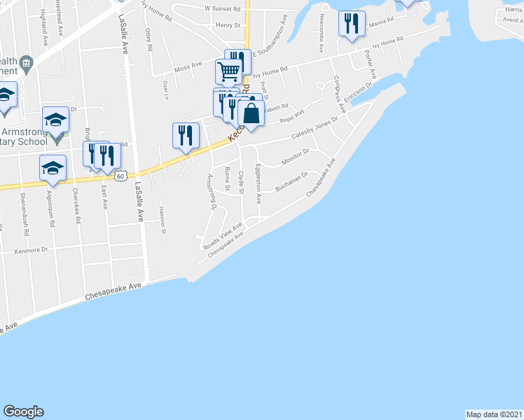 map of restaurants, bars, coffee shops, grocery stores, and more near 4005 Chesapeake Avenue in Hampton