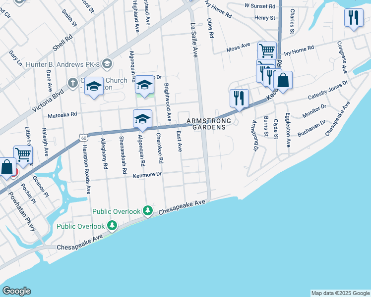 map of restaurants, bars, coffee shops, grocery stores, and more near 160 East Avenue in Hampton