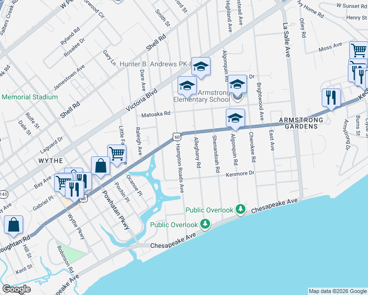map of restaurants, bars, coffee shops, grocery stores, and more near 140 Hampton Roads Avenue in Hampton