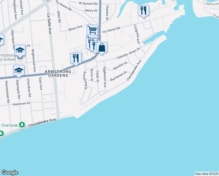 map of restaurants, bars, coffee shops, grocery stores, and more near 4005 Chesapeake Avenue in Hampton